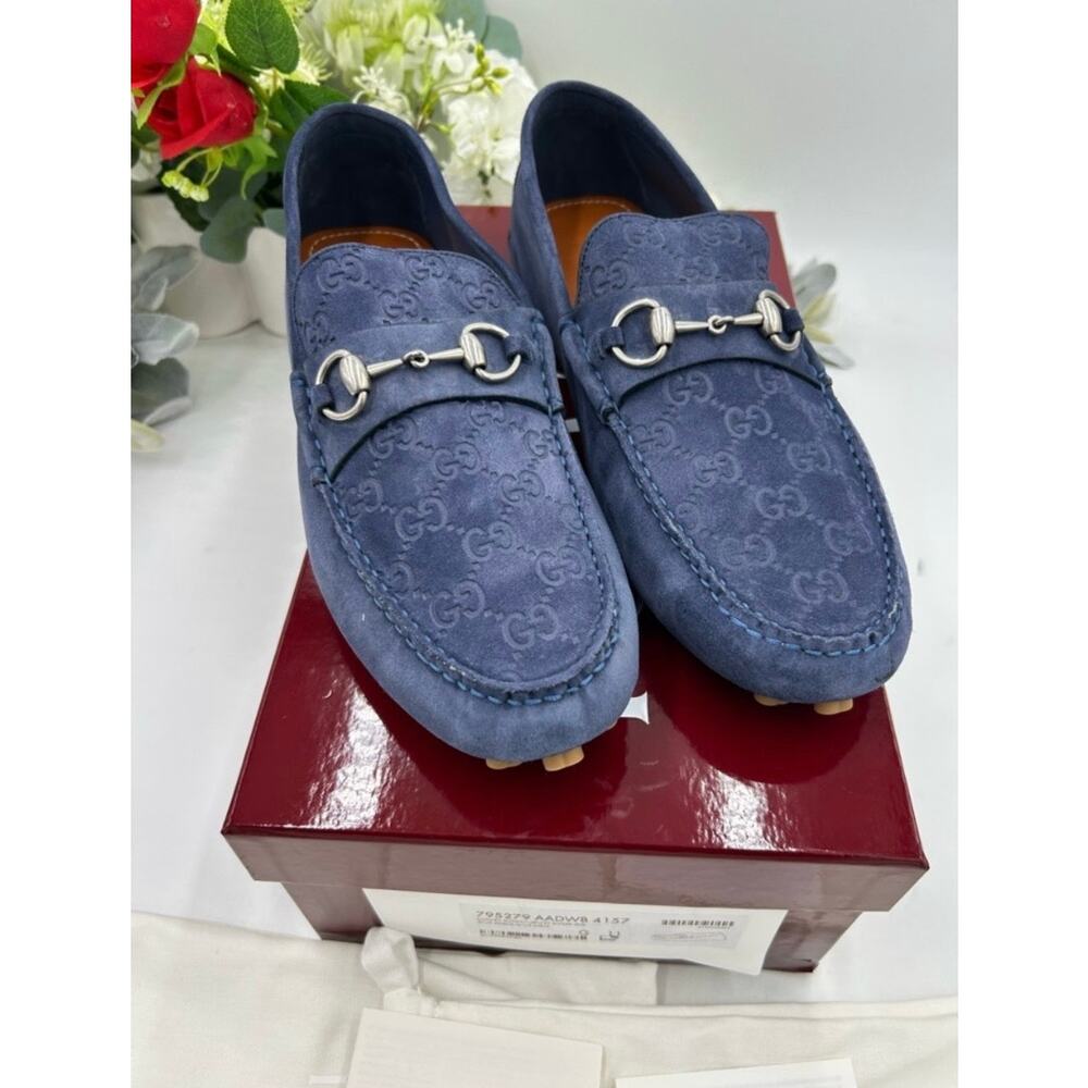 Men's Gucci blue suede GG embossed Driver loafer size 11 fits 11.5 made Italy